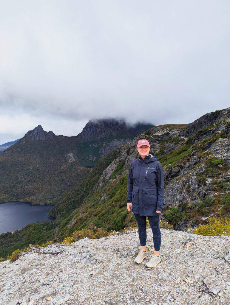Carolyn on a hike at Cradle Mountain