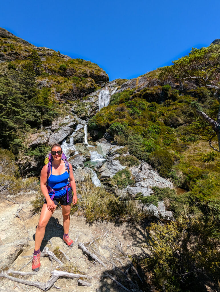 Carolyn on a hike on Routeburn Track