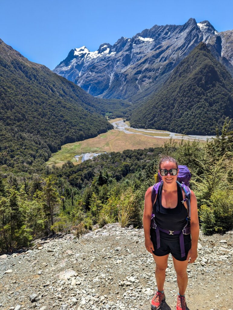 Carolyn on a hike on Routeburn Track